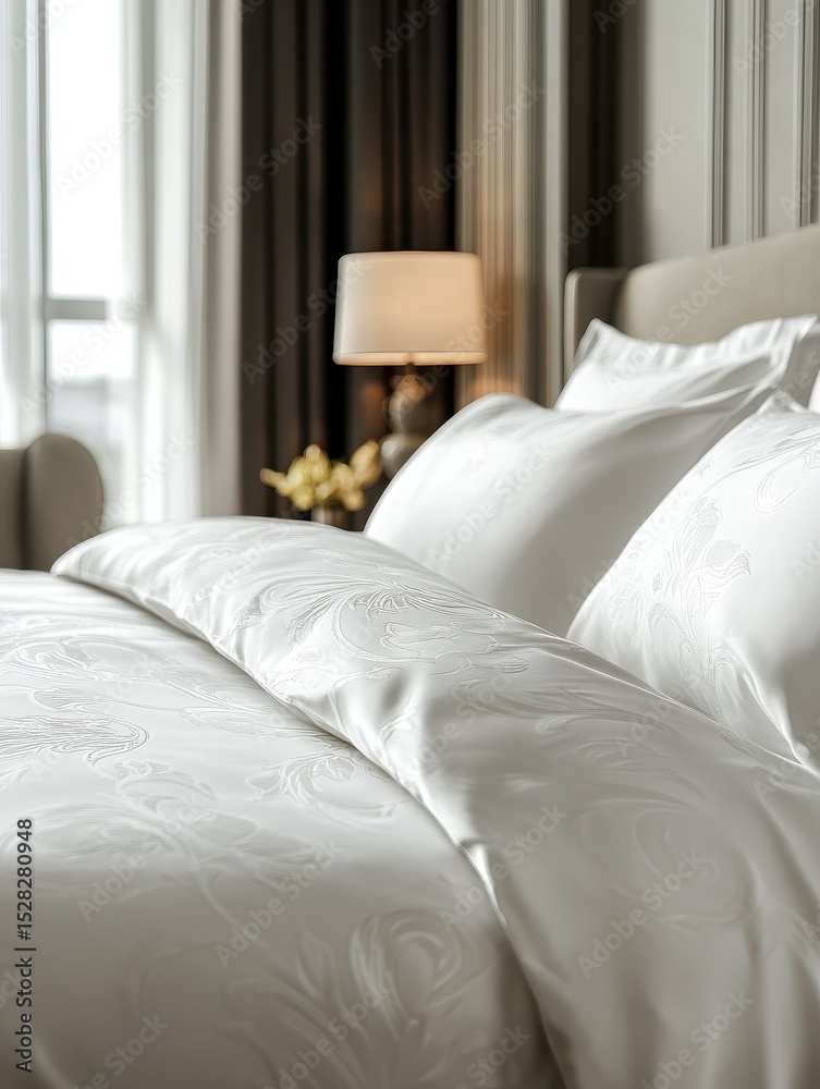 Obraz premium Luxurious hotel bedding with intricate design in elegant interior setting for comfort and style