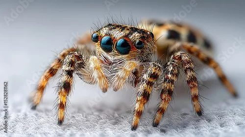 Fototapeta na wymiar A close up photograph shows a very detailed jumping spider with blue eyes.