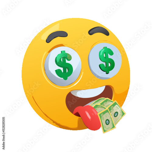 Money from mouth on eyes dollar symbol Face Emoji. Emotion 3d cartoon icon. Yellow round emoticon. Vector illustration
