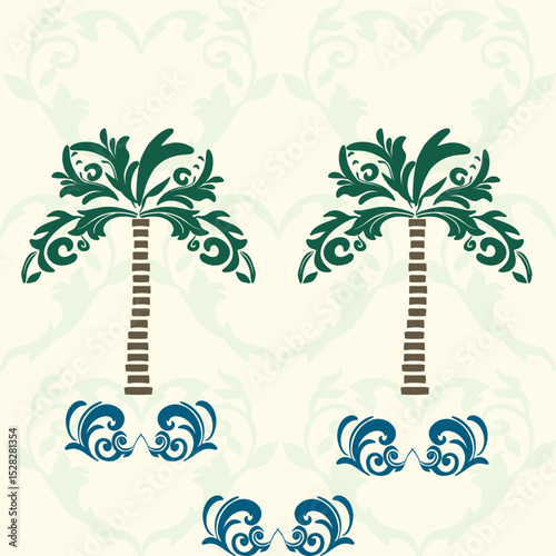 Tropical Palm Tree Seamless Pattern with Baroque Flourish  Exotic Island Decor. Damask Seamless Pattern. Great for exotic-themed home decor, textile prints, beachwear, and tropical packaging design.