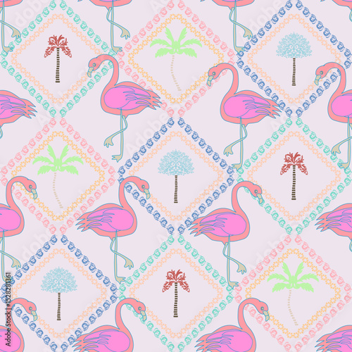 Cute Pink Flamingo and Palm Tree Pastel Seamless Pattern. Whimsical Tropical Summer Design. Perfect for kids' products, fabric, wallpaper, and summer themed designs.