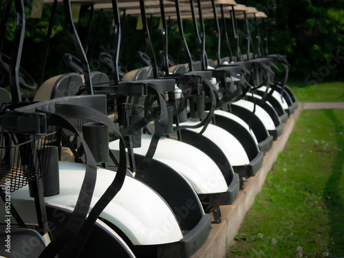 a row of white golf carts parked closely together in diminishing perspective.