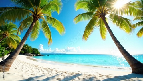 Sun-drenched palm trees frame pristine white sand beach   vibrant  idyllic  lush