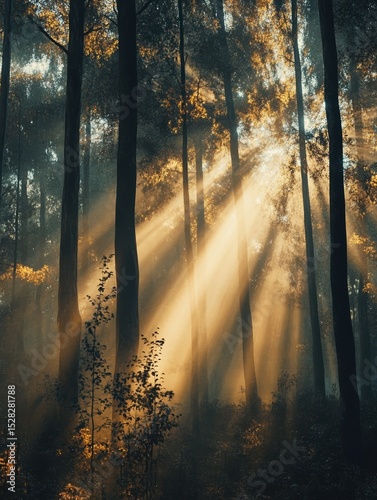 Sun rays shining through forest trees  Sunlight streaming through woods  Generative AI image