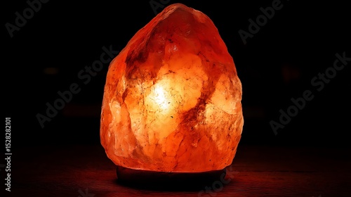 Close-up of a glowing natural pink Himalayan salt lamp illuminating a dark background. photo