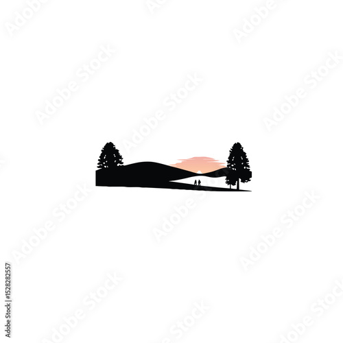 A sunset casting long shadows on a hillside on white background