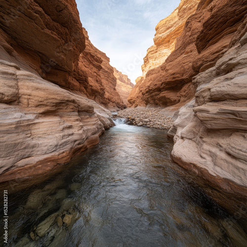 Dramatic canyon landscape with river flowing between rock formations  