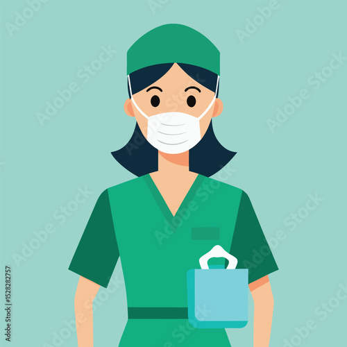 female surgeon green scrubs holding mask vector