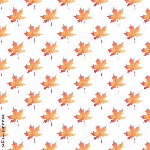 Seamless watercolor pattern with autumn maple leaves in warm colors. Perfect for seasonal designs, packaging, and textiles.