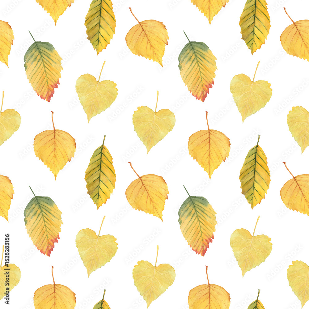 Fototapeta premium Seamless pattern with yellow autumn leaves in watercolor style. Bright and cheerful design ideal for fall decorations, wrapping paper, textiles, and seasonal projects.