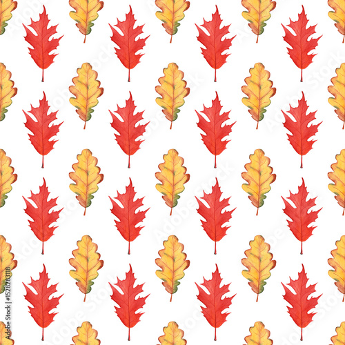 Seamless autumn watercolor pattern with oak leaves. Warm and natural design perfect for fall-themed projects, textiles, wallpapers, and packaging.