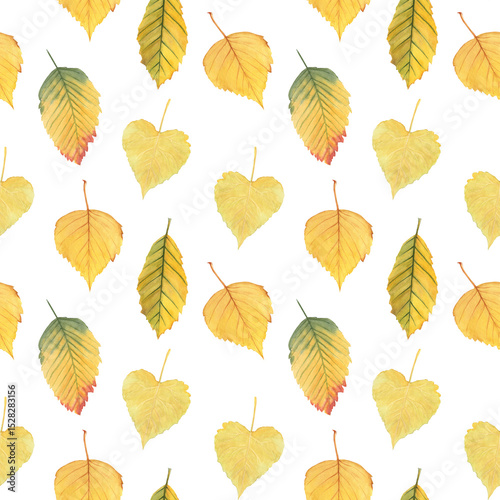Seamless pattern with yellow autumn leaves in watercolor style. Bright and cheerful design ideal for fall decorations, wrapping paper, textiles, and seasonal projects.