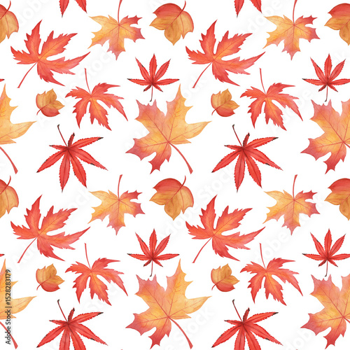 Seamless pattern with red autumn leaves in watercolor style. Vibrant and warm design perfect for fall-themed decorations, fabrics, gift wrap, and seasonal crafts.