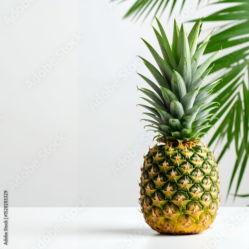Exotic pineapple fruit still life with palm fronds minimalist composition on white background