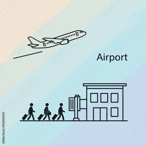 Simple Airport Scene with Travelers and Plane