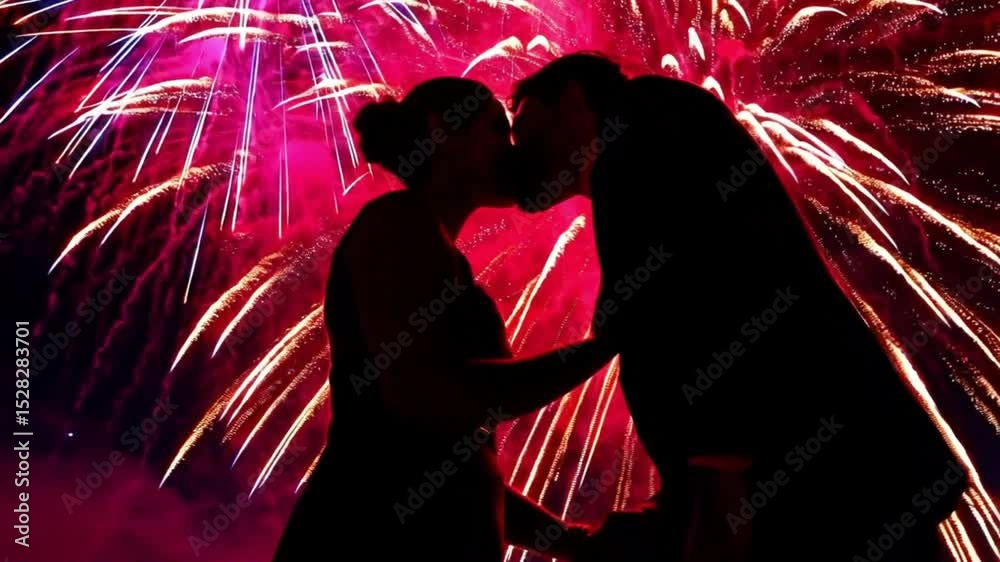 Silhouetted couple kissing under pink and red fireworks in night sky, celebrating togetherness. Concept of festive passion and celebration of love