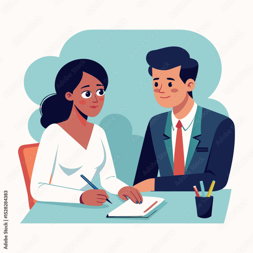 Fototapeta premium A woman and a man are seated at a desk, engaged in a business conversation