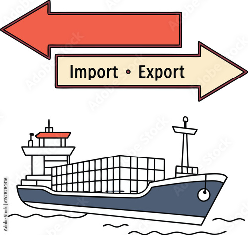A cargo ship icon with two large arrows over it, one pointing in (Import) and one pointing out (Export), vector style.
