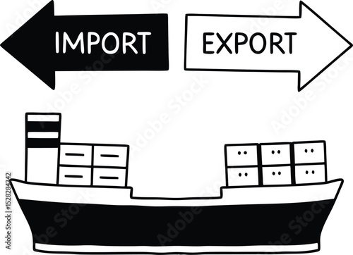 A cargo ship icon with two large arrows over it, one pointing in (Import) and one pointing out (Export), vector style.