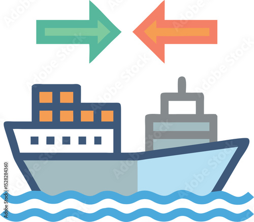 A cargo ship icon with two large arrows over it, one pointing in (Import) and one pointing out (Export), vector style.