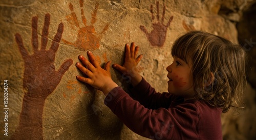 Girl touching ancient handprints on cave wall