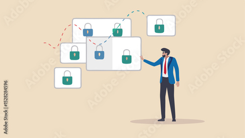 A man in a suit pointing at screens with lock icons showcasing data security and privacy measures online now