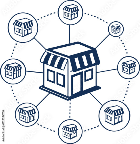 A large, central store icon with smaller, identical store icons linked to it with dotted lines, flat design.