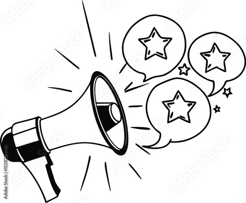  A megaphone emitting speech bubbles that contain positive symbols like stars and thumbs-up, clean vector style.