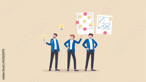 Three men brainstorming ideas with sticky notes on a board in a collaborative business environment setting