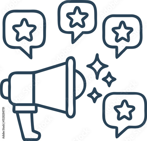 A megaphone emitting speech bubbles that contain positive symbols like stars and thumbs-up, clean vector style.