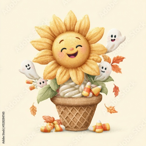 Cheerful sunflower with smiling faces and autumn elements in a decorative pot