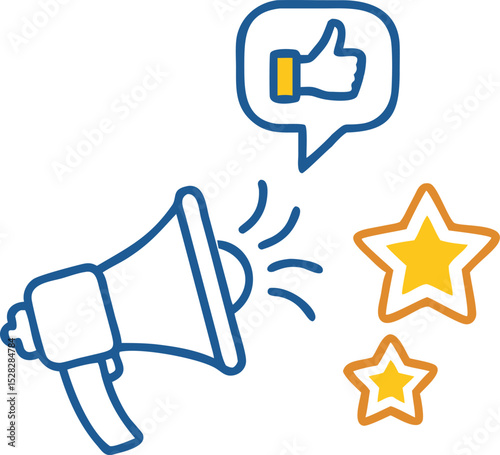  A megaphone emitting speech bubbles that contain positive symbols like stars and thumbs-up, clean vector style.