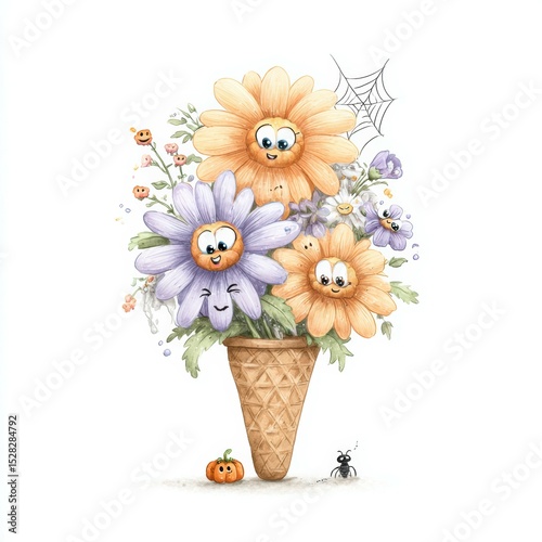 Colorful flower arrangement in ice cream cone with playful characters set against a white background