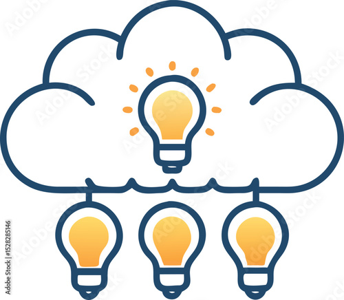  A simple cloud icon with multiple small lightbulbs inside, representing a brainstorming session and collective ideas, vector.