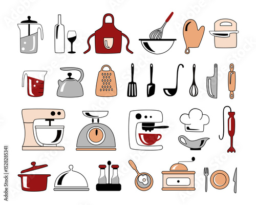 A set of hand-drawn vector icons on the theme of cooking. Illustrations of kitchen tools are isolated on a white background. Kitchenware and other objects related to the kitchen. Collection of color c