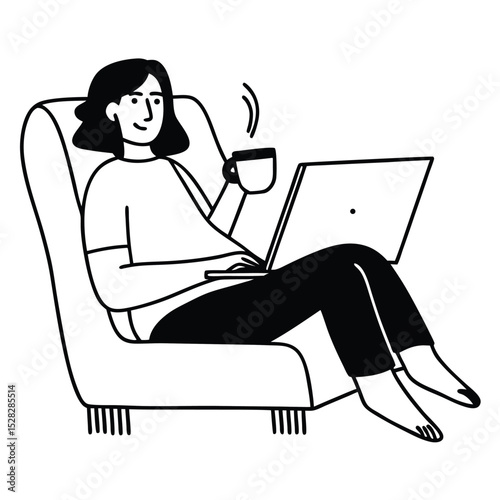 A single isolated flat vector icon of a relaxed person working remotely with coffee and laptop, representing digital nomad or freelance worker.