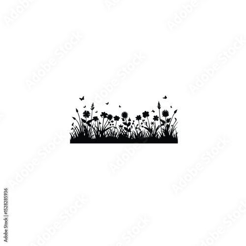A wildflower meadow under a clear blue sky silhouette on white background