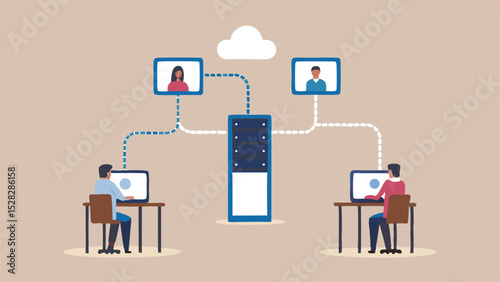Illustration of remote communication with computers connected to a central server and cloud network