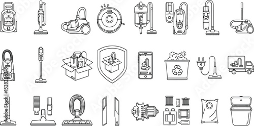 Vacuum cleaner line icon set. Vector pictograms of HEPA filter, hose, brush, delivery, warranty, motor, robot, handheld, upright, rechargeable, accessory