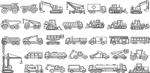 Vehicle mining heavy industry transport line icon set. Vector pictograms of crusher, drill, loader, bulldozer, excavator, dragline, crane