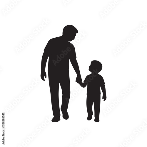 A father and his young son are walking hand in hand, enjoying a tender moment together.
