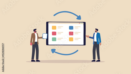 Two figures exchanging information via tablet with circular arrows on a tan colored background design art