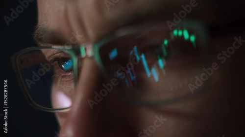 Close up of businessman analyzing trading data late at night, staring at a monitor with stock indexes and economic charts reflecting in his glasses, evaluating investment strategies on crypto market.