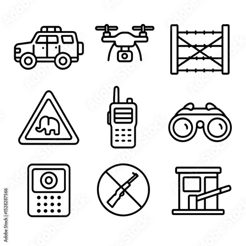 Anti-Poaching Icon Grid. Outline icon set of anti-poaching measures: ranger patrol vehicle, drone survey, fence barrier, warning