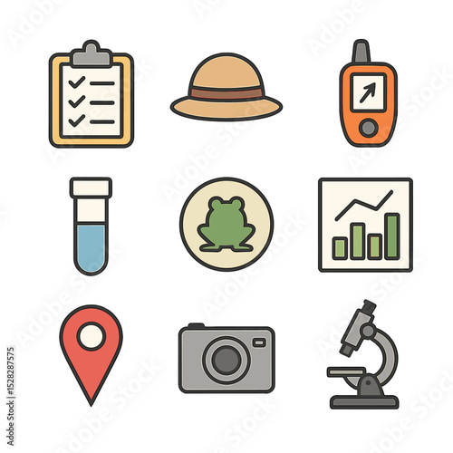 Biodiversity Icon Set. Flat icon set of biodiversity survey expeditions: clipboard checklist, surveyor hat, GPS device, sample