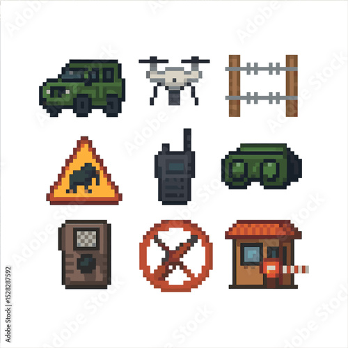 Anti-Poaching Icon Set. Pixel art icon set of anti-poaching measures: ranger patrol vehicle, drone survey, fence barrier, warning