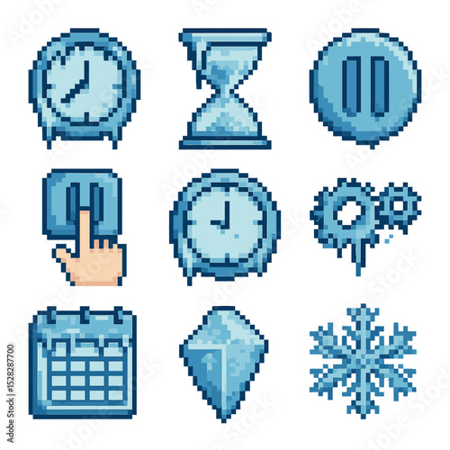 Frozen Time Icons. Pixel art icon set of time freeze scenario: frozen clock, icicle hourglass, pause button, hand pressing pause,