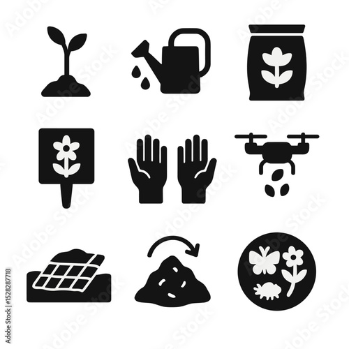 Habitat Restoration Icons. Solid, Filled icon set of habitat restoration projects: sapling tree, watering can, soil bag, native