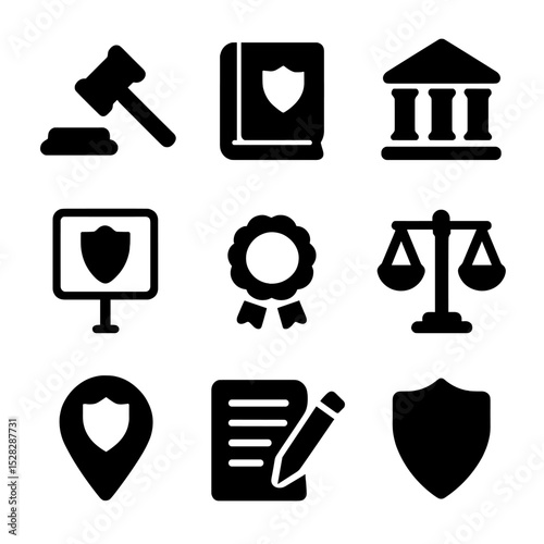 Legal Icons Grid. Solid, Filled icon set of legal protection and policy: gavel, law book, government building, protected area sign