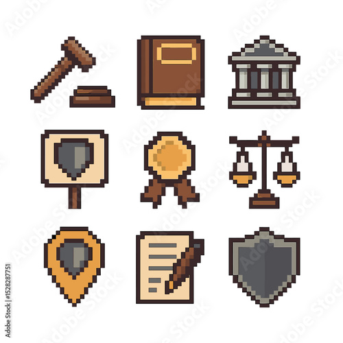 Legal Protection Icons. Pixel art icon set of legal protection and policy: gavel, law book, government building, protected area